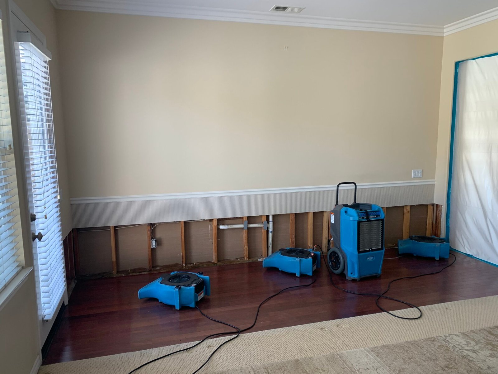 Air movers and a dehumidifier drying a home after controlled wall removal