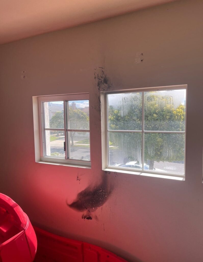 Dark vertical damage and staining on a wall beside a window