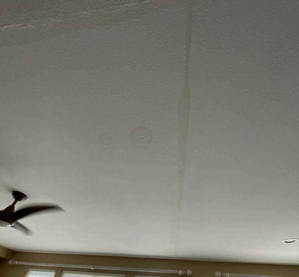 Water Damage caused by upstairs toilet overflow damaging ceiling below in Moorpark